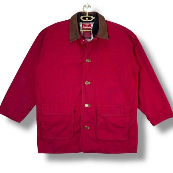 VTG 90's Marlboro Red Canvas Barn Jacket with Leather Collar Coat size Large Y2K